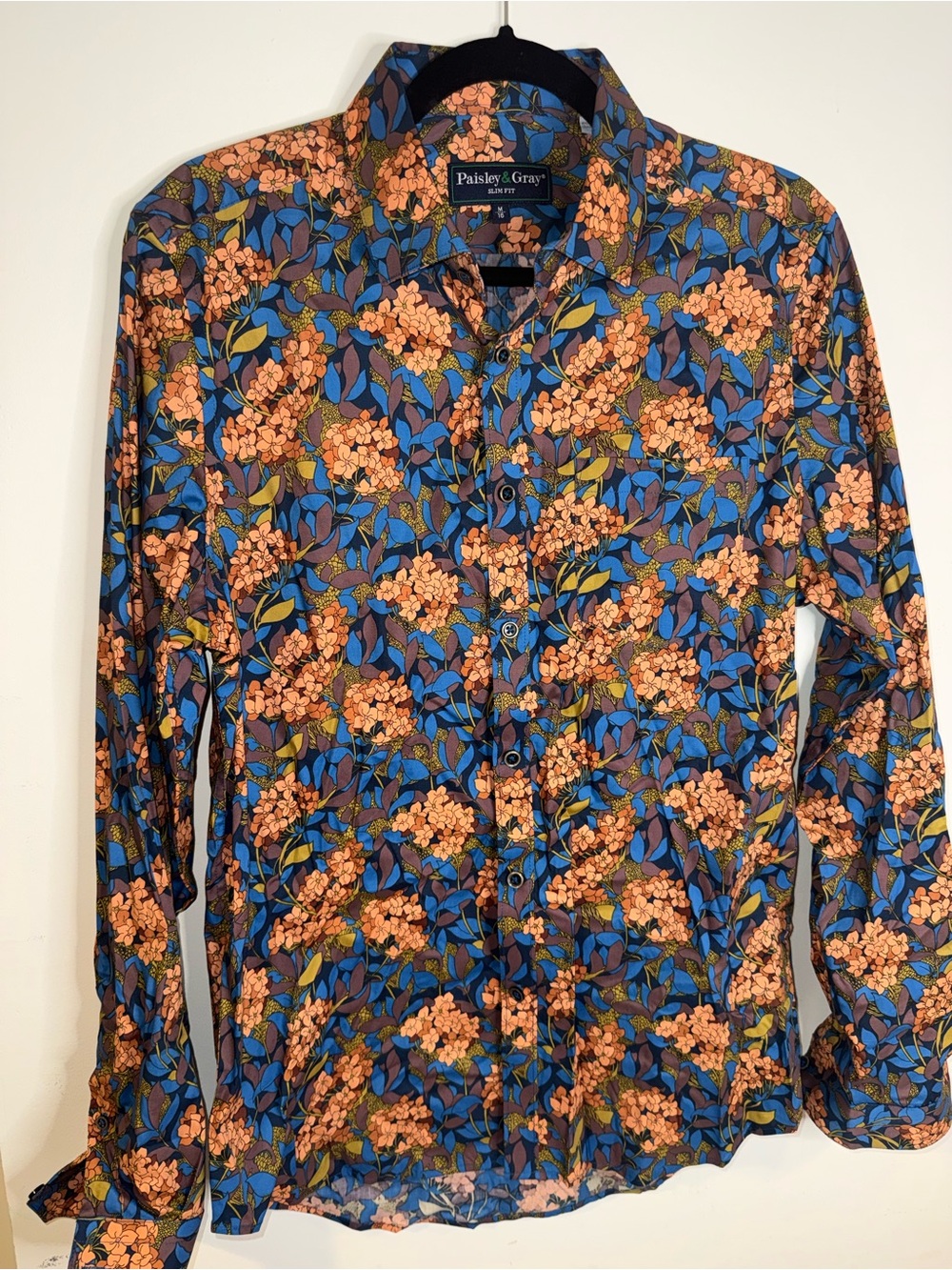 Paisley & Gray Men’s M 16 Slim Fit Blue Orange Floral Button Down Shirt